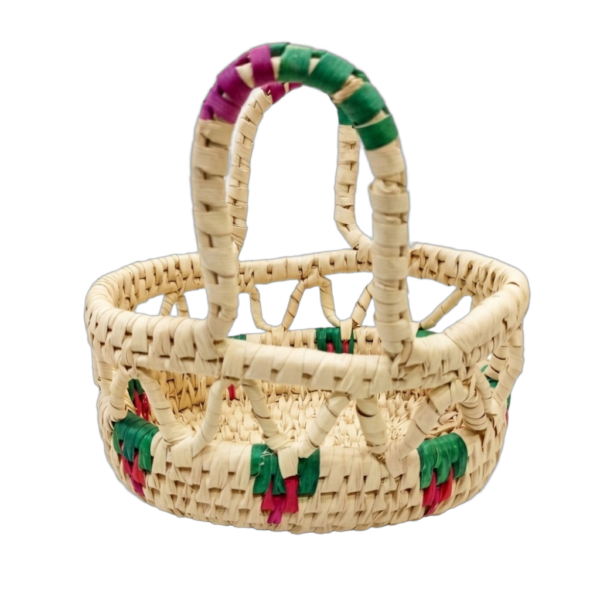 Handwoven Natural Mini Fruit Basket with Green & Pink Accents